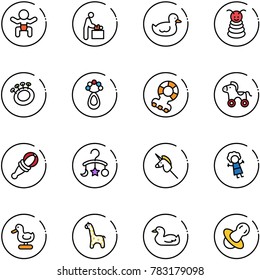 line vector icon set - baby vector, room, duck toy, pyramid, beanbag, teethers, wheel horse, carousel, unicorn stick, doll, giraffe, soother