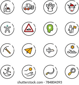 line vector icon set - baby room vector, fork loader, angel, christmas deer hat, gymnastics, car crash road sign, head bulb, win, rock axe, paper fly, plane, reading, anchor, waves, sickle, beanbag