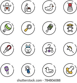 line vector icon set - baby vector, room, duck toy, pyramid, beanbag, doll, rabbit, carousel, unicorn stick, soother