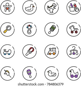 line vector icon set - baby vector, duck toy, dinosaur, shovel bucket, beanbag, wheel horse, car, train, carousel, unicorn stick