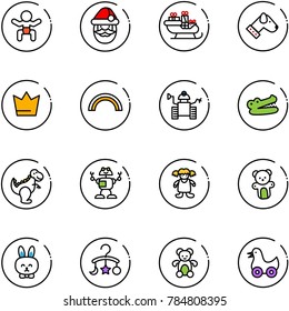 line vector icon set - baby vector, santa claus, sleigh, dog, crown, rainbow, robot, crocodile, dinosaur toy, doll, bear, rabbit, carousel, duck