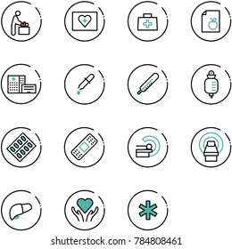 line vector icon set - baby room vector, first aid kit, doctor bag, diet list, hospital building, pipette, thermometer, drop counter, pills blister, medical patch, mri, liver, heart care