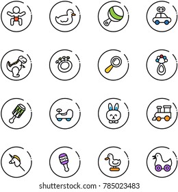 line vector icon set - baby vector, duck toy, beanbag, car, dinosaur, rabbit, train, unicorn stick