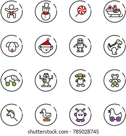 line vector icon set - baby vector, snowman, lollipop, santa sleigh, dog, christmas elf, robot, dinosaur toy, elephant wheel, doll, bear, unicorn stick, duck, monster