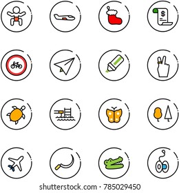line vector icon set - baby vector, small plane, christmas sock, account history, no bike road sign, paper, highlight marker, victory, sea turtle, pool, butterfly, forest, sickle, crocodile, yoyo