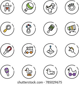 line vector icon set - baby vector, beanbag, dinosaur toy, xylophone, train, wirligig, unicorn stick, duck