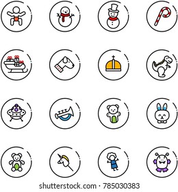 line vector icon set - baby vector, snowman, lollipop, santa sleigh, dog, crown, dinosaur toy, ufo, horn, bear, rabbit, unicorn stick, doll, monster