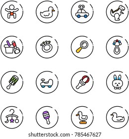 line vector icon set - baby vector, duck toy, car, dinosaur, shovel bucket, beanbag, rabbit, carousel