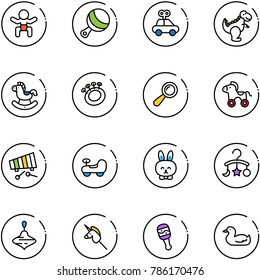 line vector icon set - baby vector, beanbag, car toy, dinosaur, rocking horse, wheel, xylophone, rabbit, carousel, wirligig, unicorn stick, duck