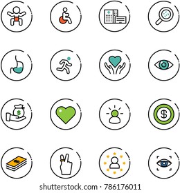 line vector icon set - baby vector, disabled, hospital building, bacteria, stomach, run, heart care, eye, investment, idea, dollar, victory, star man, scanner