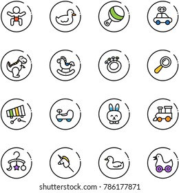 line vector icon set - baby vector, duck toy, beanbag, car, dinosaur, rocking horse, xylophone, rabbit, train, carousel, unicorn stick