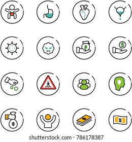 line vector icon set - baby vector, stomach, heart, bladder, virus, investment, pedestrian road sign, group, head bulb, rich, success, dollar, money