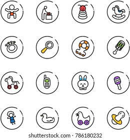 line vector icon set - baby vector, room, pyramid toy, rocking horse, beanbag, teethers, wheel, phone, rabbit, doll, duck, soother