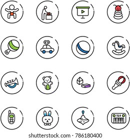 line vector icon set - baby vector, room, presentation board, pyramid toy, beanbag, car, ball, rocking horse, horn, bear, constructor blocks, phone, rabbit, wirligig, piano