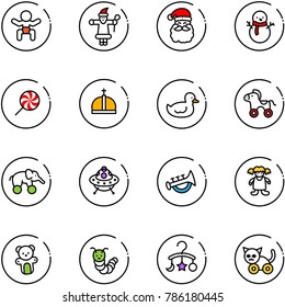 line vector icon set - baby vector, santa claus, snowman, lollipop, crown, duck toy, wheel horse, elephant, ufo, horn, doll, bear, caterpillar, carousel, cat