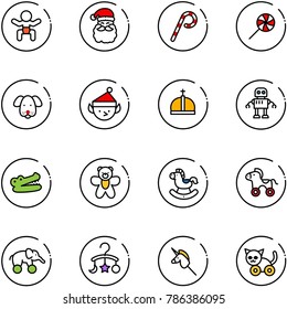 line vector icon set - baby vector, santa claus, lollipop, dog, christmas elf, crown, robot, crocodile, bear toy, rocking horse, wheel, elephant, carousel, unicorn stick, cat