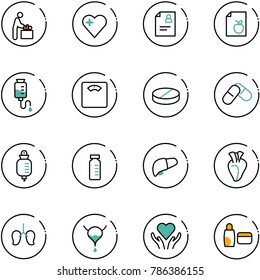 line vector icon set - baby room vector, heart, patient card, diet list, drop counter, floor scales, pill, pills, vial, liver, lungs, bladder, care, uv cream