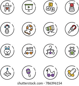line vector icon set - baby vector, presentation board, abc cube, pyramid toy, beanbag, teethers, xylophone, rabbit, train, carousel, bear, wirligig, duck, soother