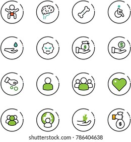 line vector icon set - baby vector, brain, broken bone, disabled, drop hand, virus, investment, user, group, heart, man globe, sproute, rich