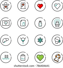 line vector icon set - baby vector, first aid room, heart, kit, diet list, pills bottle, mri, liver, bladder, ambulance star, medical mask, pool, pulse clipboard, teethers