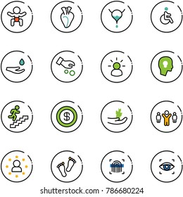 line vector icon set - baby vector, heart, bladder, disabled, drop hand, investment, idea, head bulb, career, dollar, sproute, team leader, star man, feet, fingerprint scanner, eye