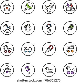 line vector icon set - baby vector, beanbag, dinosaur toy, shovel bucket, rocking horse, wheel, car, train, carousel, duck