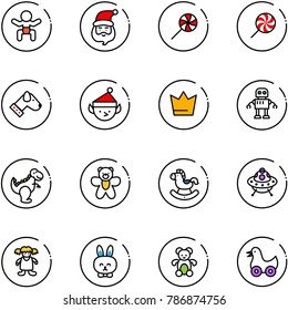 line vector icon set - baby vector, santa claus, lollipop, dog, christmas elf, crown, robot, dinosaur toy, bear, rocking horse, ufo, doll, rabbit, duck