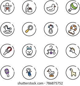 line vector icon set - baby vector, room, duck toy, beanbag, rocking horse, teethers, rabbit, carousel, unicorn stick, doll, giraffe