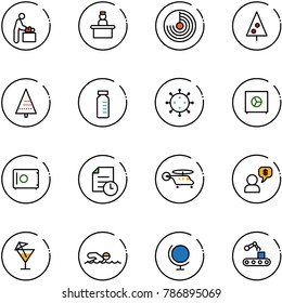 line vector icon set - baby room vector, recieptionist, radar, christmas tree, vial, virus, safe, history, helicopter, money dialog, drink, swimming, globe, conveyor