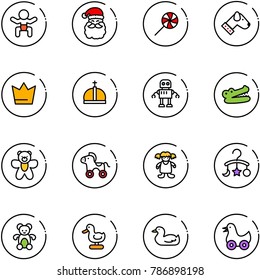 line vector icon set - baby vector, santa claus, lollipop, dog, crown, robot, crocodile, bear toy, wheel horse, doll, carousel, duck
