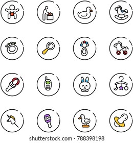 line vector icon set - baby vector, room, duck toy, rocking horse, beanbag, wheel, phone, rabbit, carousel, unicorn stick, soother