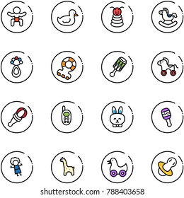 line vector icon set - baby vector, duck toy, pyramid, rocking horse, beanbag, teethers, wheel, phone, rabbit, doll, giraffe, soother