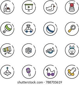 line vector icon set - baby room vector, presentation board, duck toy, pyramid, beanbag, car, ball, xylophone, cube, horn, rabbit, wirligig, soother