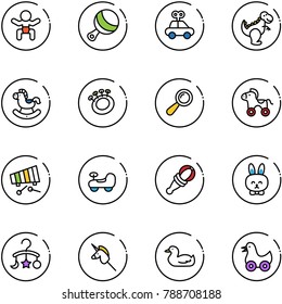 line vector icon set - baby vector, beanbag, car toy, dinosaur, rocking horse, wheel, xylophone, rabbit, carousel, unicorn stick, duck