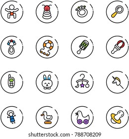 line vector icon set - baby vector, pyramid toy, beanbag, teethers, phone, rabbit, carousel, unicorn stick, doll, duck, soother