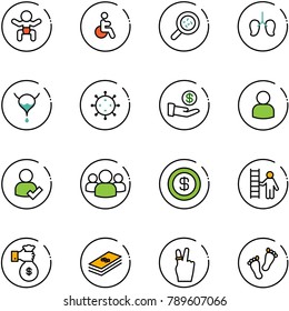 line vector icon set - baby vector, disabled, bacteria, lungs, bladder, virus, investment, user, check, group, dollar, opportunity, rich, victory, feet