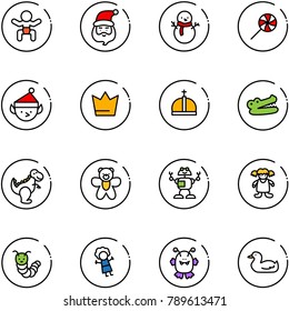 line vector icon set - baby vector, santa claus, snowman, lollipop, christmas elf, crown, crocodile, dinosaur toy, bear, robot, doll, caterpillar, monster, duck