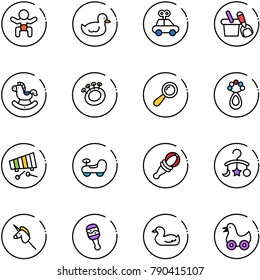 line vector icon set - baby vector, duck toy, car, shovel bucket, rocking horse, beanbag, xylophone, carousel, unicorn stick