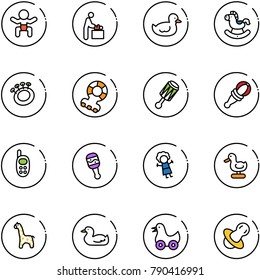line vector icon set - baby vector, room, duck toy, rocking horse, beanbag, teethers, phone, doll, giraffe, soother