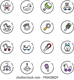 line vector icon set - baby vector, duck toy, beanbag, car, rocking horse, wheel, rabbit, carousel, wirligig
