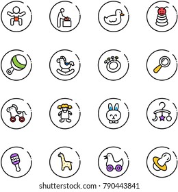 line vector icon set - baby vector, room, duck toy, pyramid, beanbag, rocking horse, wheel, doll, rabbit, carousel, giraffe, soother
