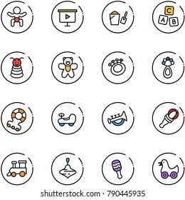 line vector icon set - baby vector, presentation board, bucket scoop, abc cube, pyramid toy, bear, beanbag, teethers, car, horn, train, wirligig, duck