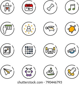 line vector icon set - baby vector, christmas calendar, broken bone, music, presentation, star man, helicopter, sea turtle, photo, circuit, sharpening, horn toy, paper plane, monster, boat, soother