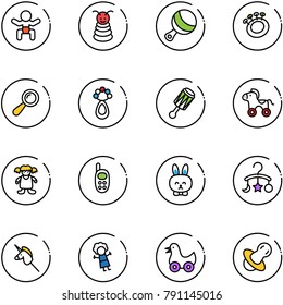 line vector icon set - baby vector, pyramid toy, beanbag, wheel horse, doll, phone, rabbit, carousel, unicorn stick, duck, soother