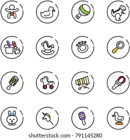 line vector icon set - baby vector, duck toy, beanbag, dinosaur, shovel bucket, rocking horse, wheel, xylophone, rabbit, unicorn stick