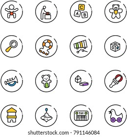 line vector icon set - baby vector, room, abc cube, bear toy, beanbag, teethers, xylophone, horn, constructor blocks, block house, wirligig, piano, duck