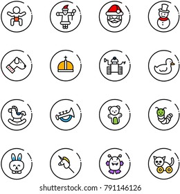 line vector icon set - baby vector, santa claus, snowman, dog, crown, robot, duck toy, rocking horse, horn, bear, caterpillar, rabbit, unicorn stick, monster, cat