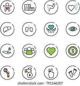line vector icon set - baby vector, hospital building, power hand, heart beat, liver, lungs, care, eye, drop, group, dollar, world, rich, victory, feet