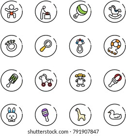 line vector icon set - baby vector, room, beanbag, rocking horse, teethers, wheel, doll, toy rabbit, giraffe, duck