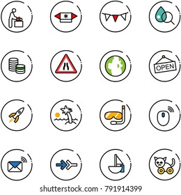 line vector icon set - baby room vector, candy, flag garland, blood test, coin, Road narrows sign, globe, open, rocket, palm, diving, mouse wireless, mail, connect, sailboat toy, cat